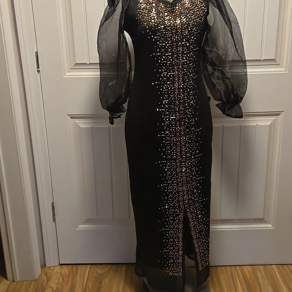 Elegant Black Evening Dress Metallic Detailing Lined Body Large Zip Back - Picture 2 of 12